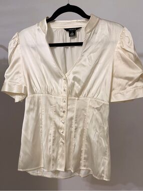 Ardene Ivory Satin Button-Front Puff Sleeve Blouse